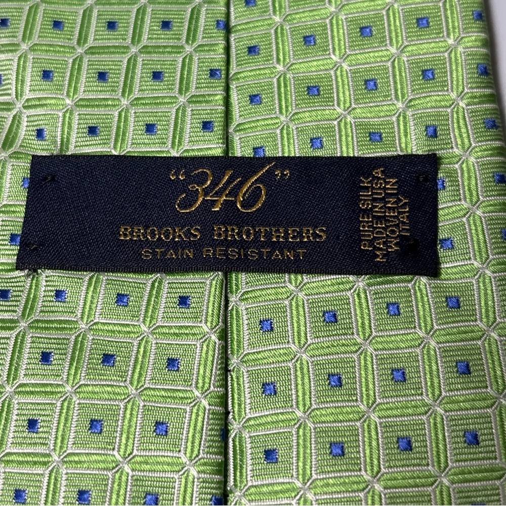 Brooks Brothers 346 Men's Pure Silk Tie Green with Blue Squares Made In USA - Picture 4 of 6